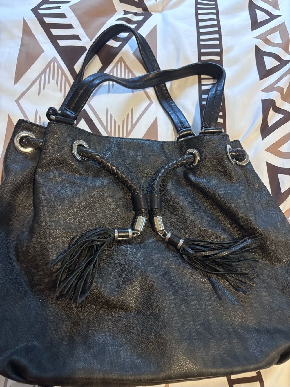 Michael Kors Black Leather Shoulder Bag with Braided Tassel Drawstrings